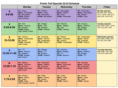 Specials Schedule